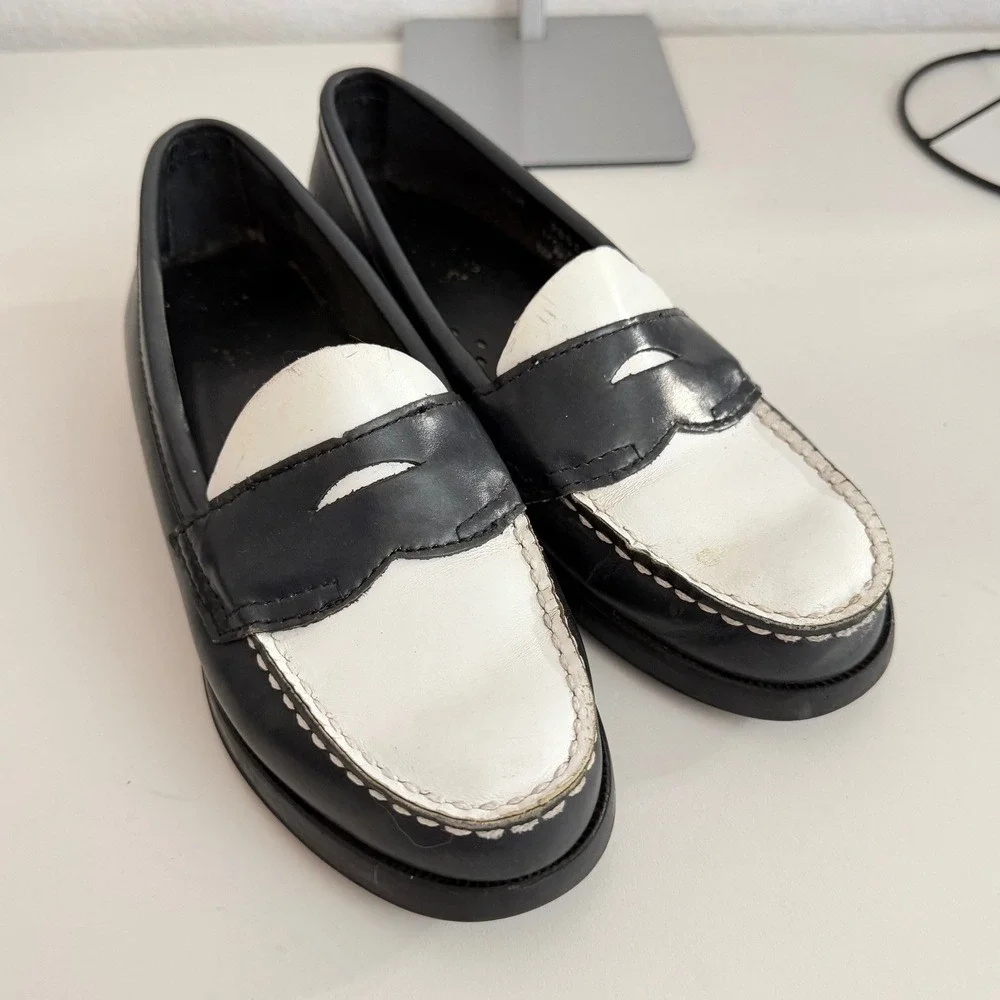 Bass Womens Two‎ Tone Penny Loafers Black White Leather Slip On Shoes 6.5 M